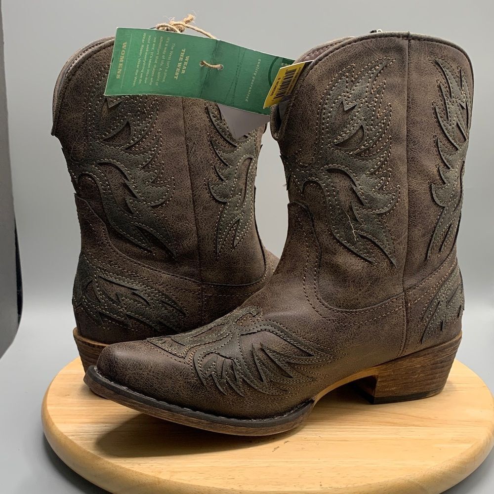 ROPER | 8.5 UNISEX WESTERN SHORTY BOOT | BROWN TAN Eagle Overlay